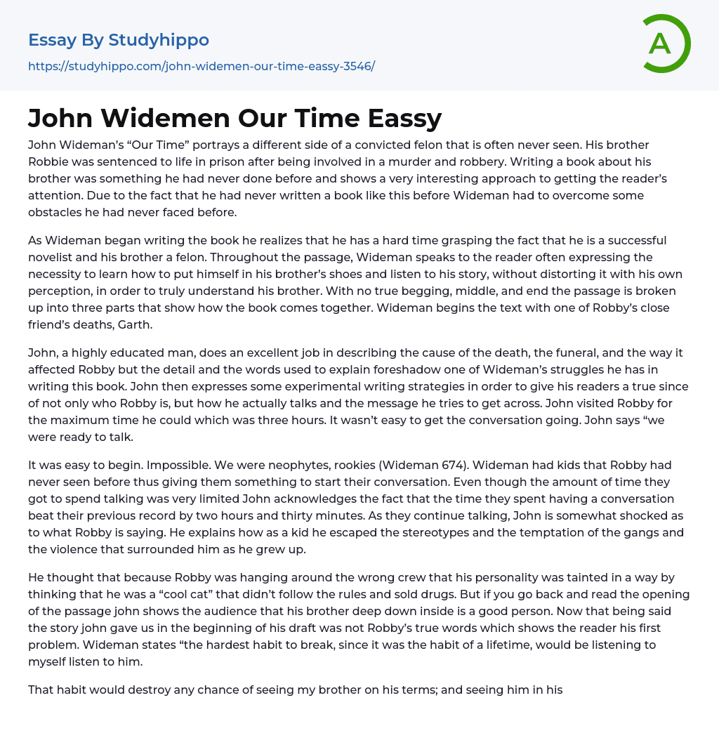 John Widemen Our Time Eassy Essay Example