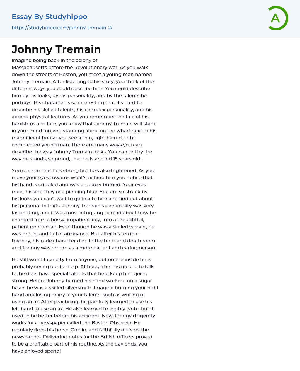 Johnny Tremain Essay Example