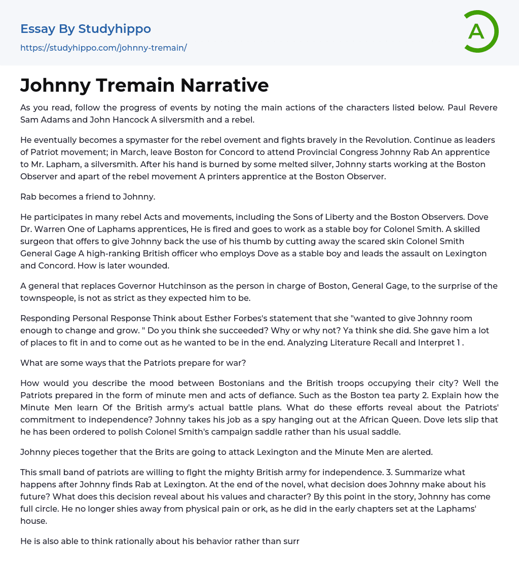 Johnny Tremain Narrative Essay Example