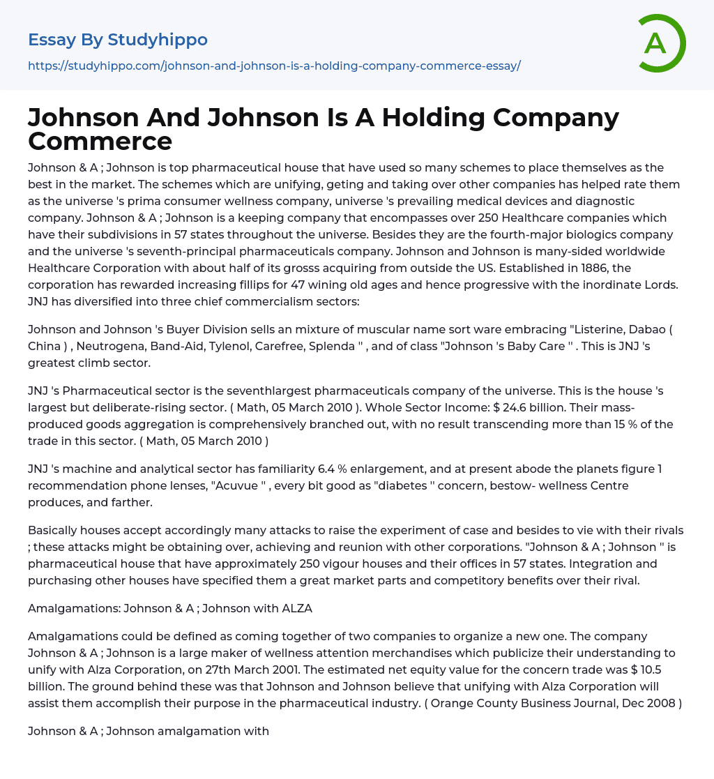 Johnson And Johnson Is A Holding Company Commerce Essay Example