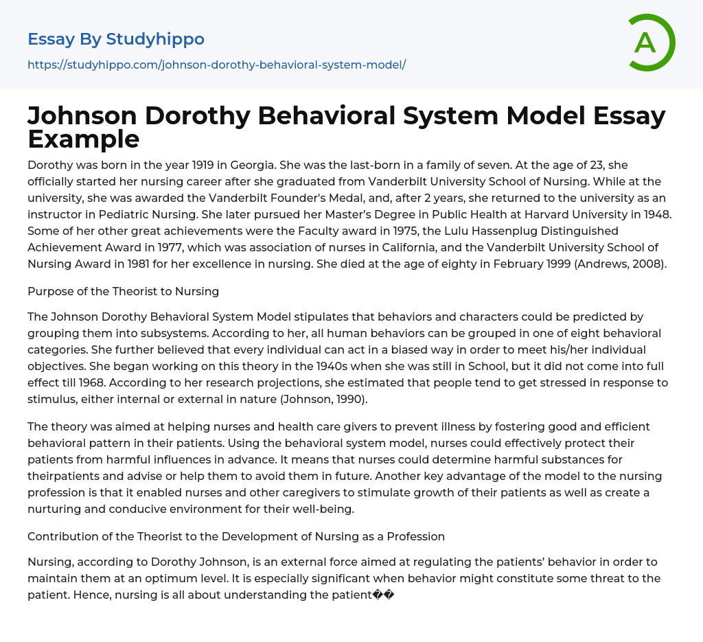 Johnson Dorothy Behavioral System Model Essay Example