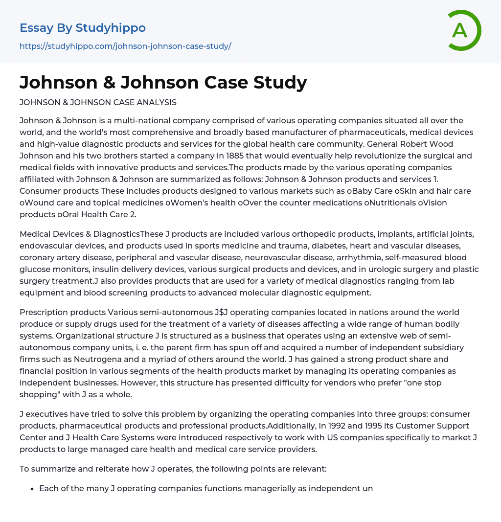 Johnson & Johnson Case Study Essay Example