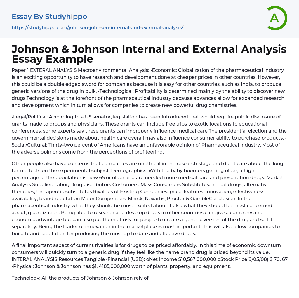 Johnson & Johnson Internal and External Analysis Essay Example