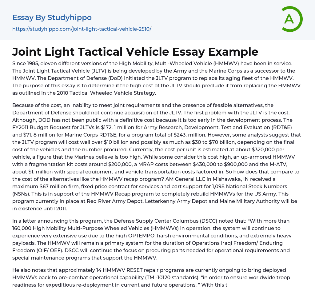 Joint Light Tactical Vehicle Essay Example