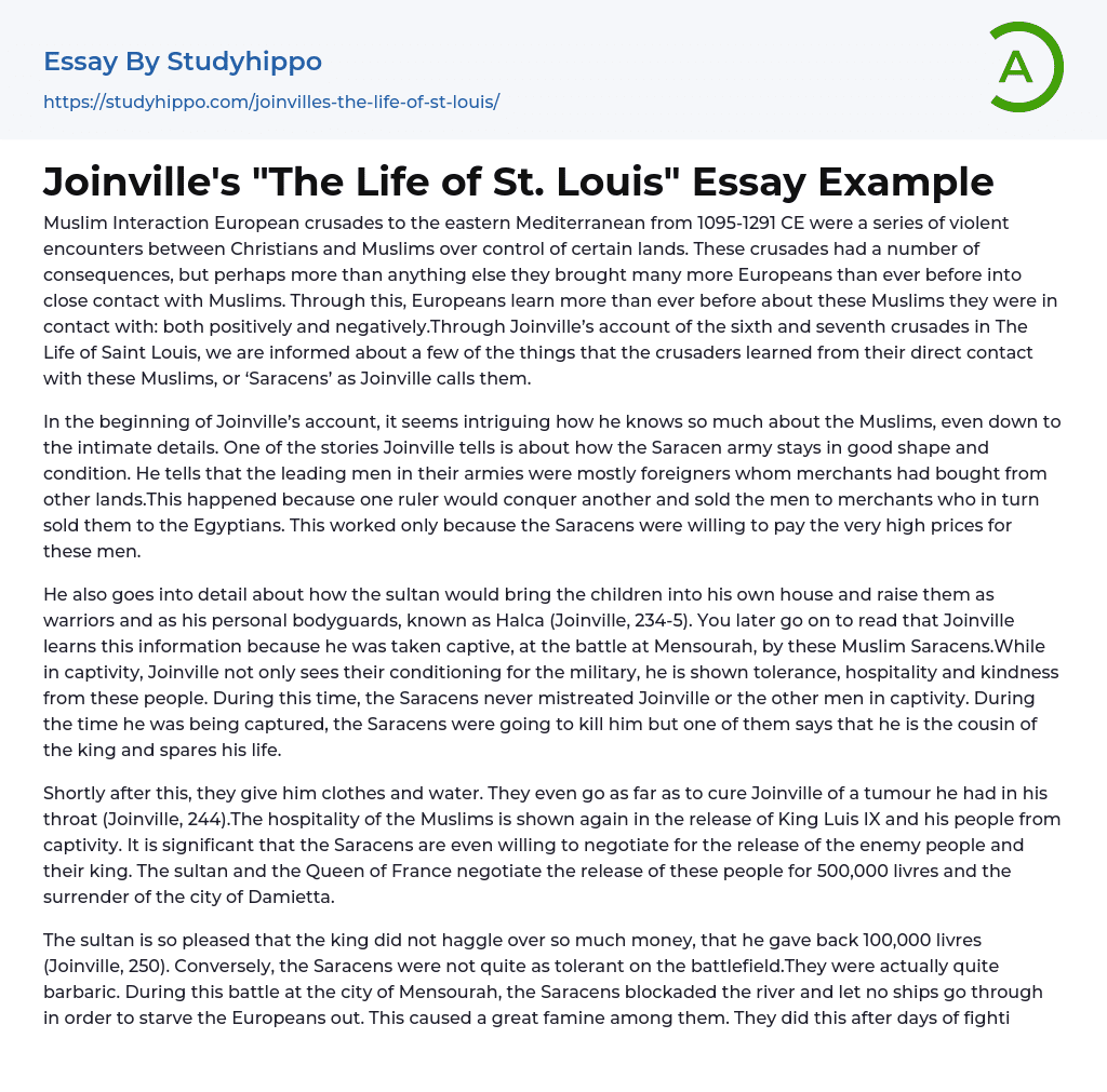 Joinville’s “The Life of St. Louis” Essay Example