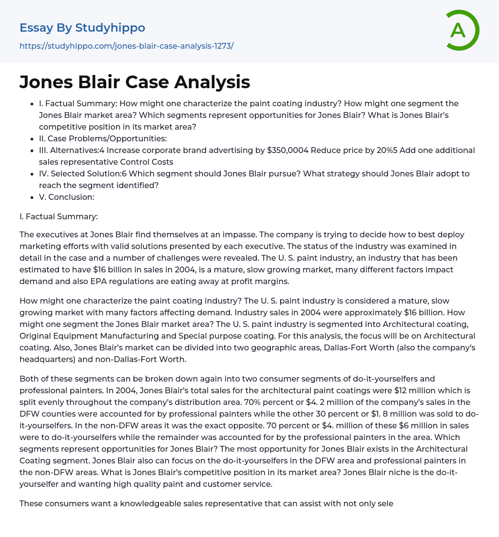 Jones Blair Case Analysis Essay Example