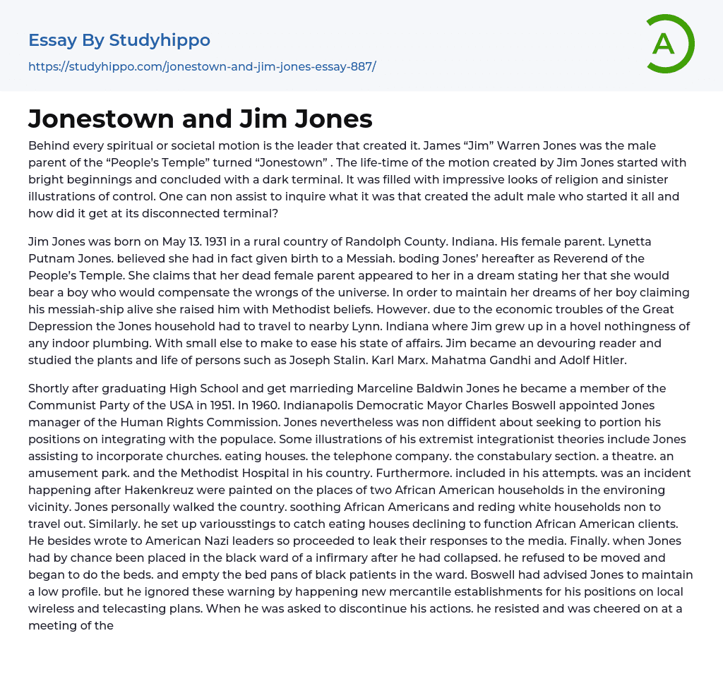 Jonestown and Jim Jones Essay Example