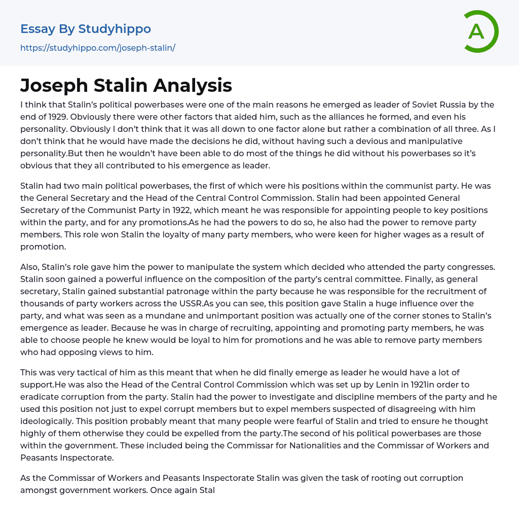Joseph Stalin Analysis Essay Example