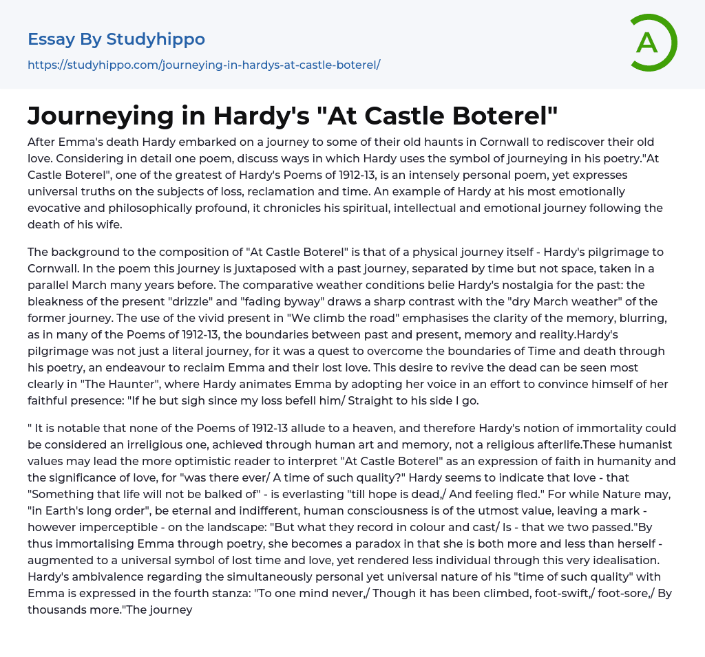 Journeying in Hardy’s “At Castle Boterel” Essay Example