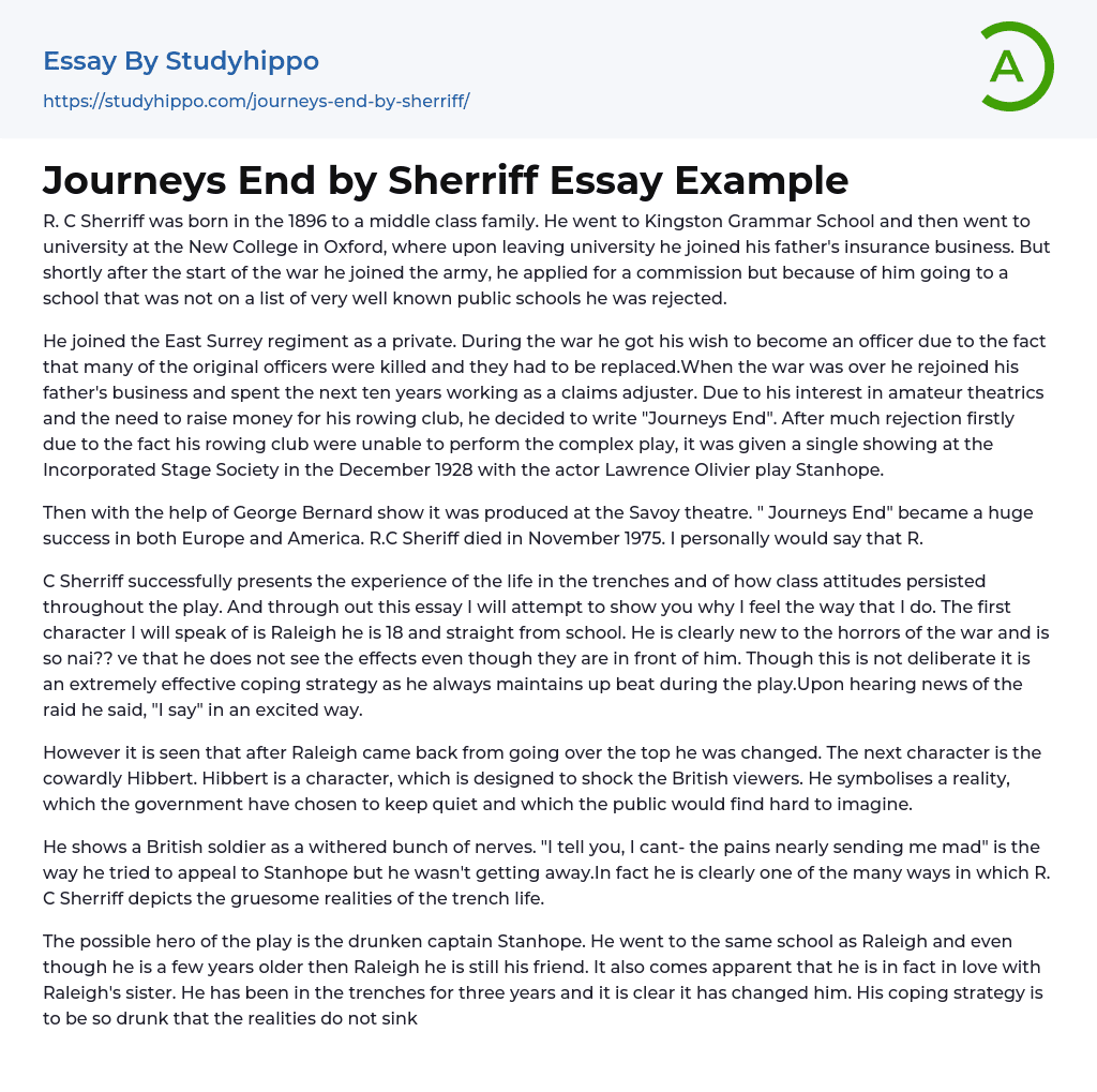 Journeys End by Sherriff Essay Example