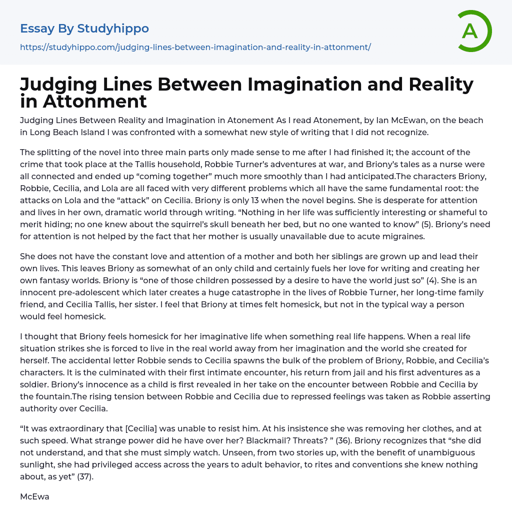 Judging Lines Between Imagination and Reality in Attonment Essay Example