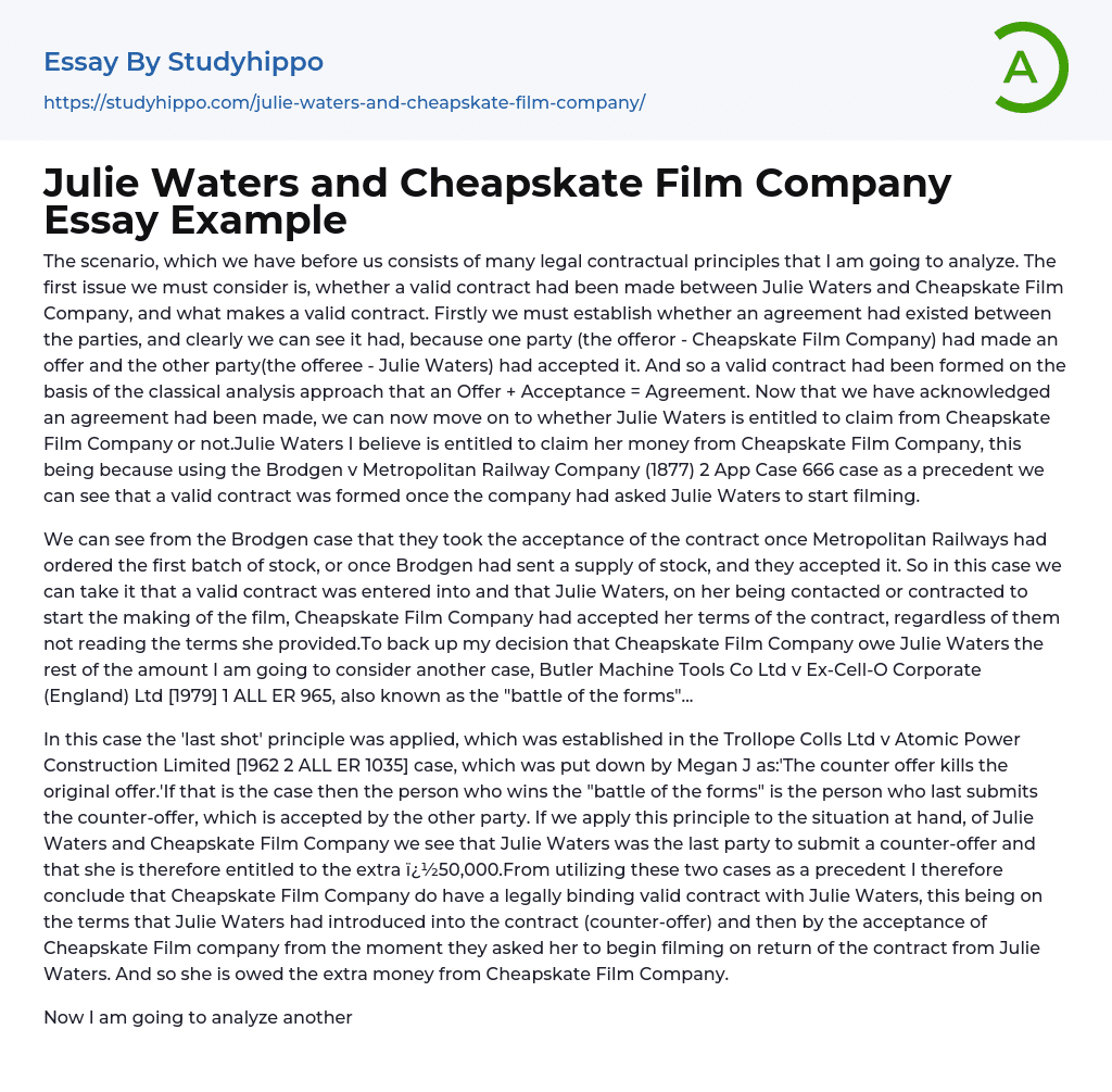 Julie Waters and Cheapskate Film Company Essay Example