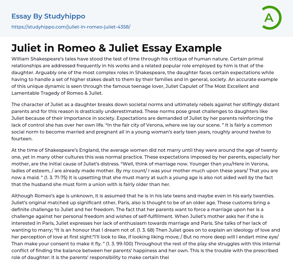Juliet in Romeo & Juliet Essay Example