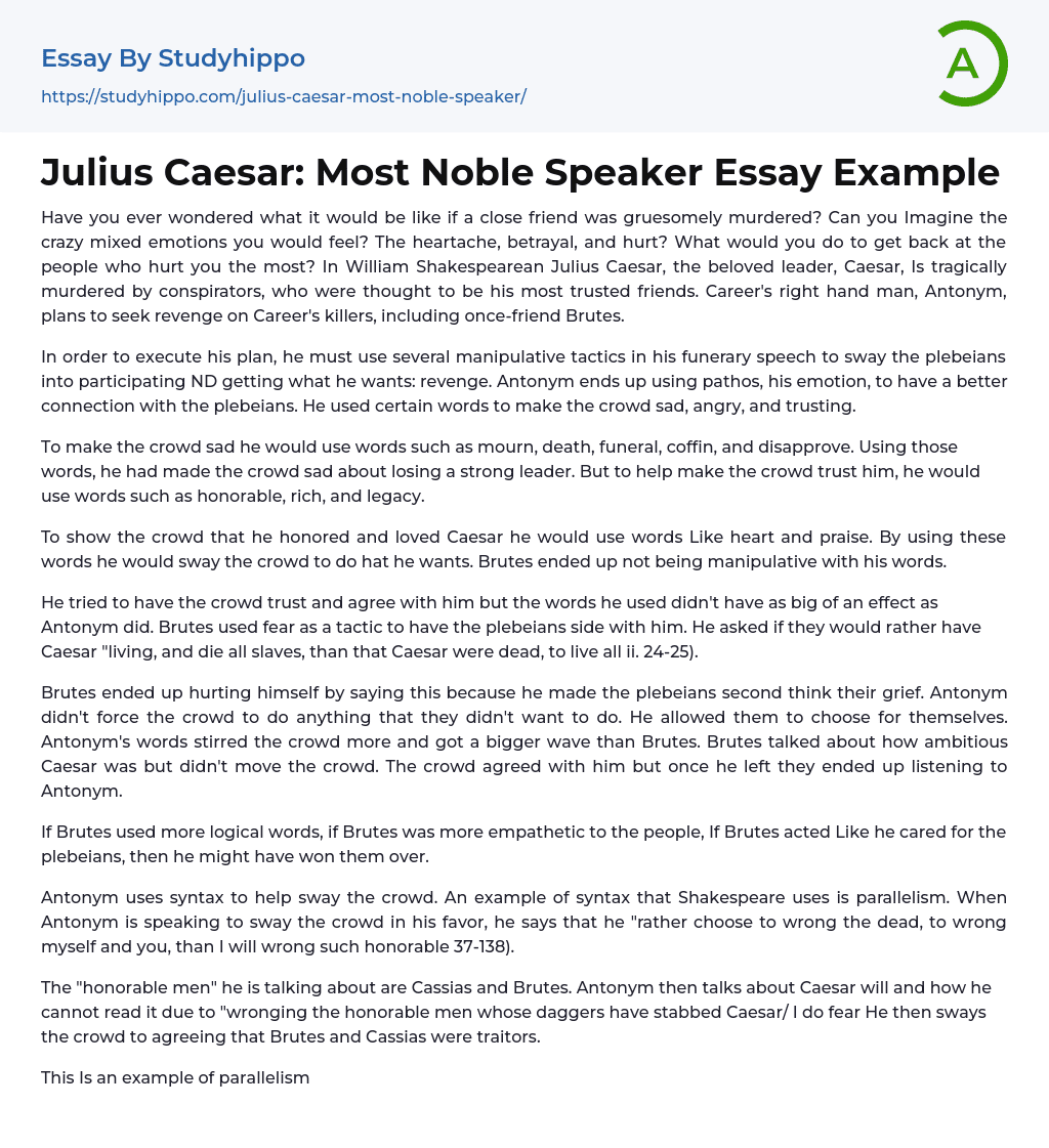 Julius Caesar: Most Noble Speaker Essay Example