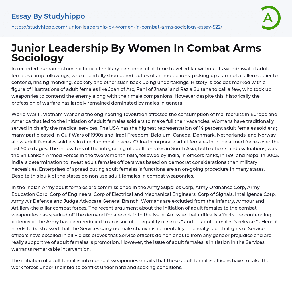 Junior Leadership By Women In Combat Arms Sociology Essay Example
