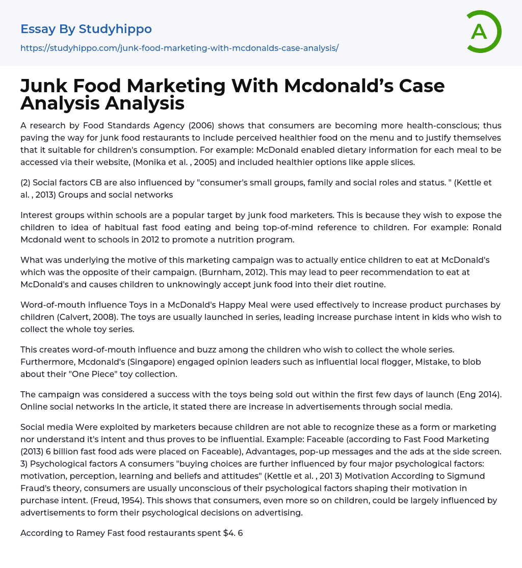 Junk Food Marketing With Mcdonald’s Case Analysis Analysis Essay Example