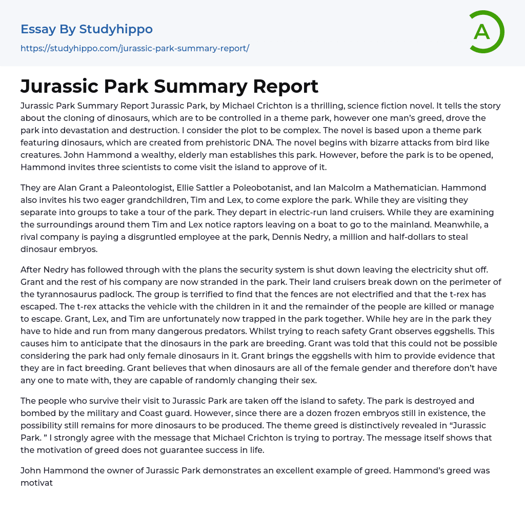 Jurassic Park Summary Report Essay Example