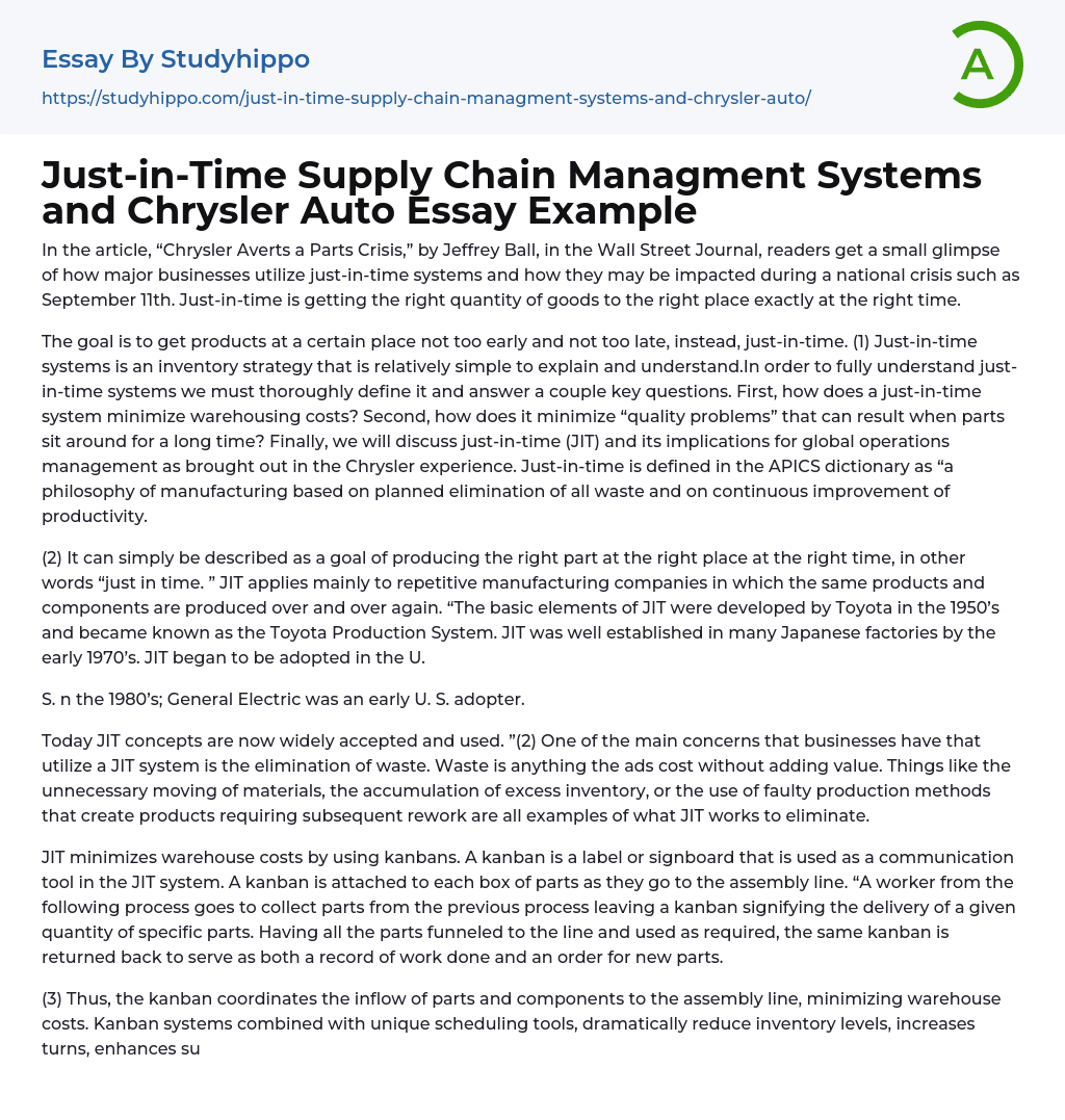 Just-in-Time Supply Chain Managment Systems and Chrysler Auto Essay Example