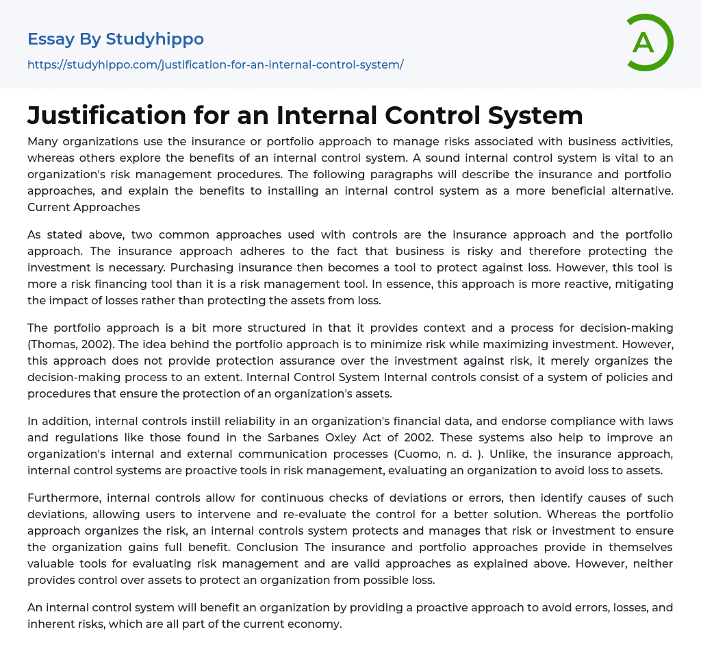 Justification for an Internal Control System Essay Example