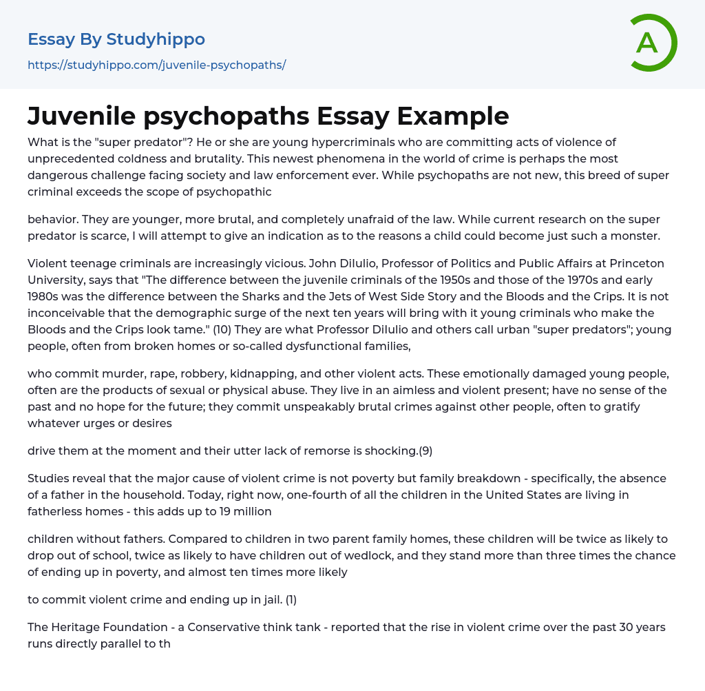 Juvenile psychopaths Essay Example