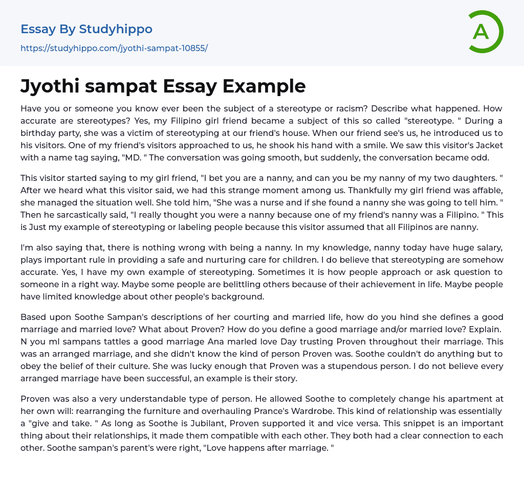 Jyothi sampat Essay Example