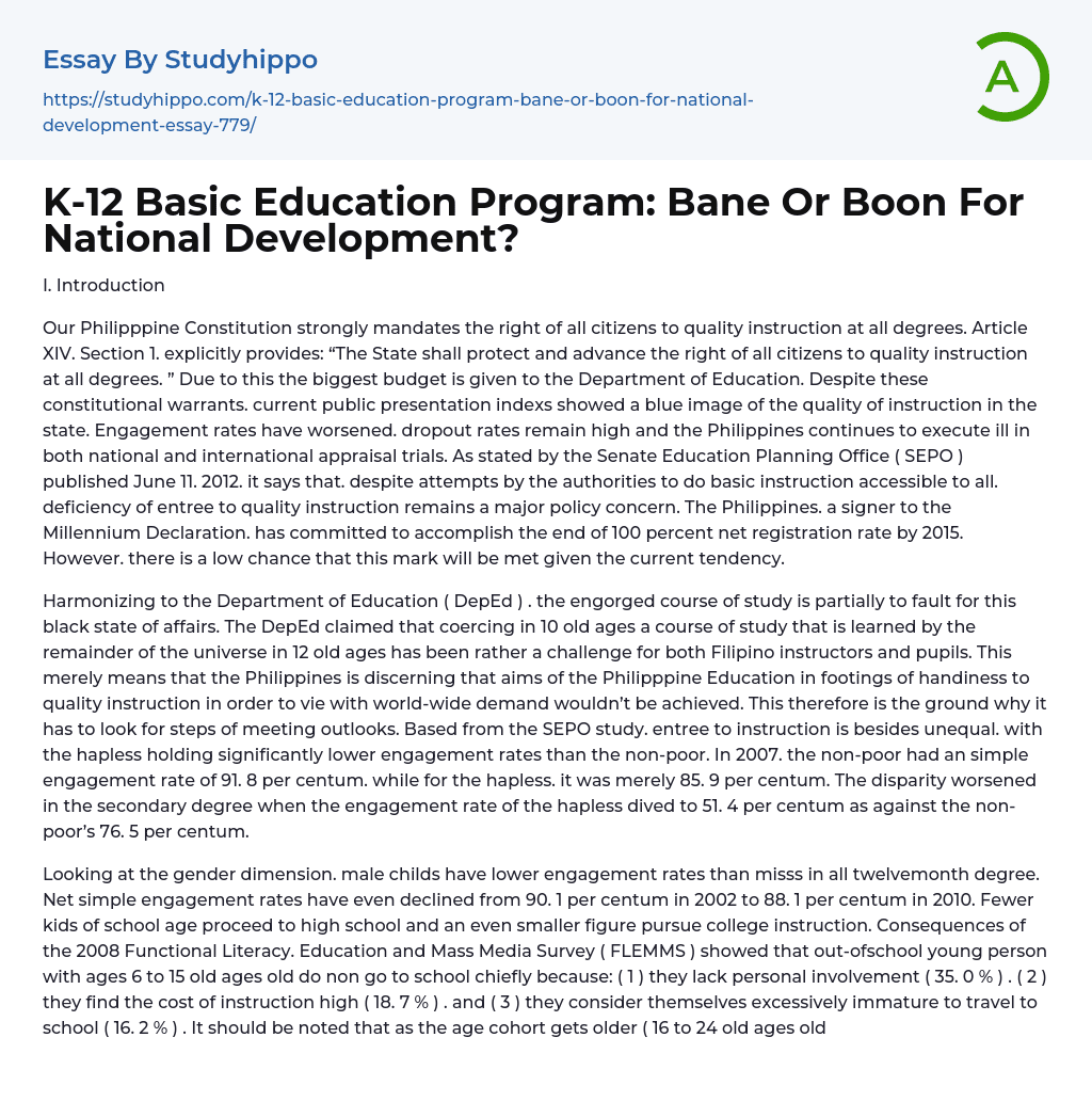 K-12 Basic Education Program: Bane Or Boon For National Development? Essay Example