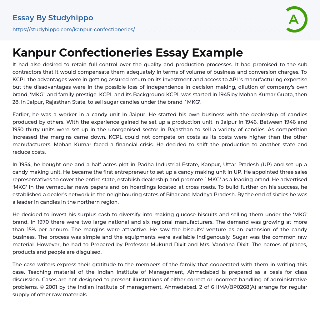 Kanpur Confectioneries Essay Example