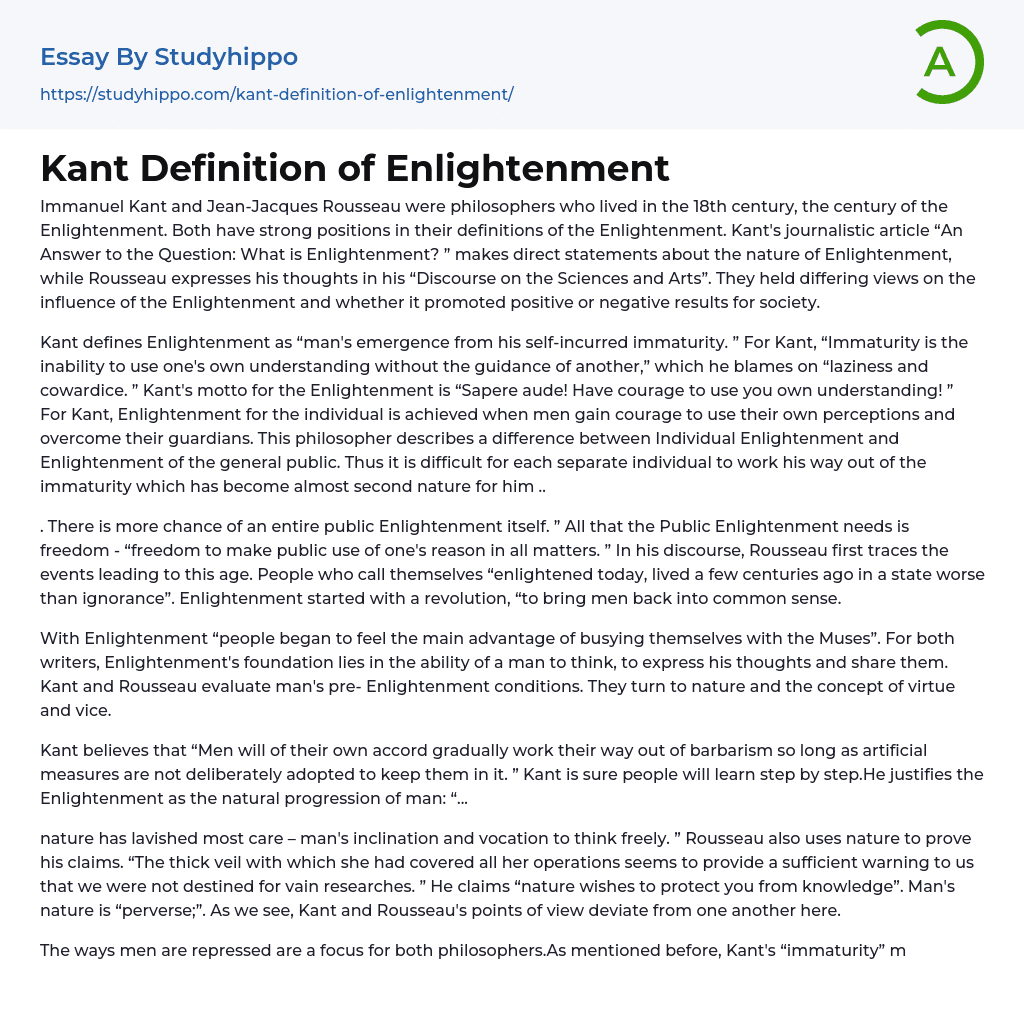 Kant Definition of Enlightenment Essay Example