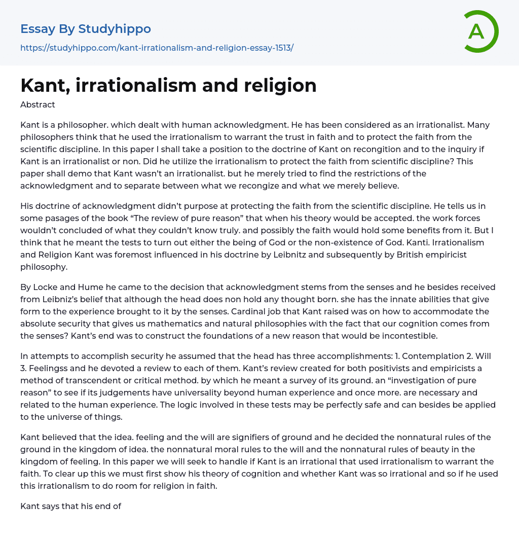 Kant, irrationalism and religion Essay Example