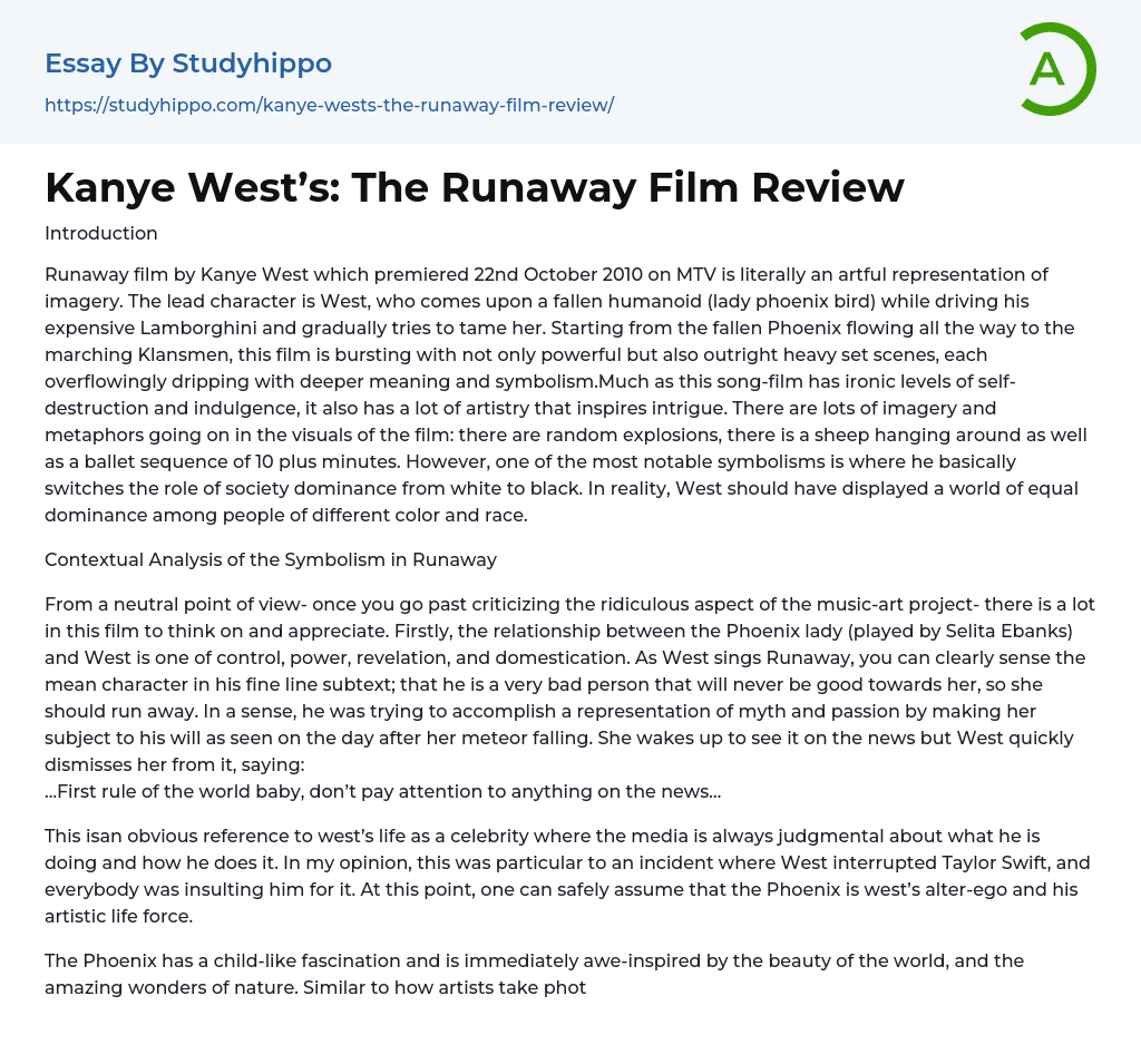 Kanye West’s: The Runaway Film Review Essay Example