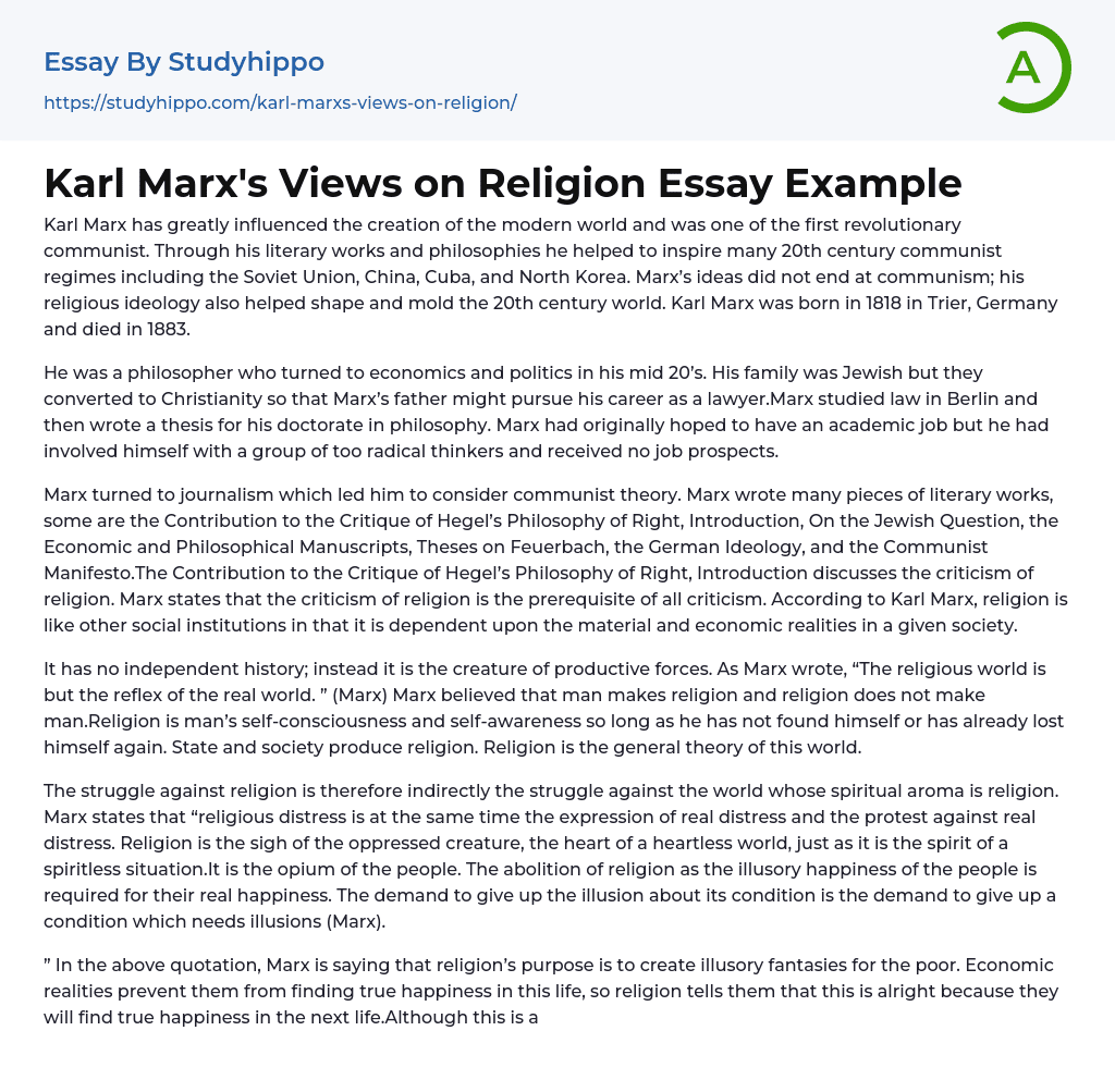 Karl Marx’s Views on Religion Essay Example