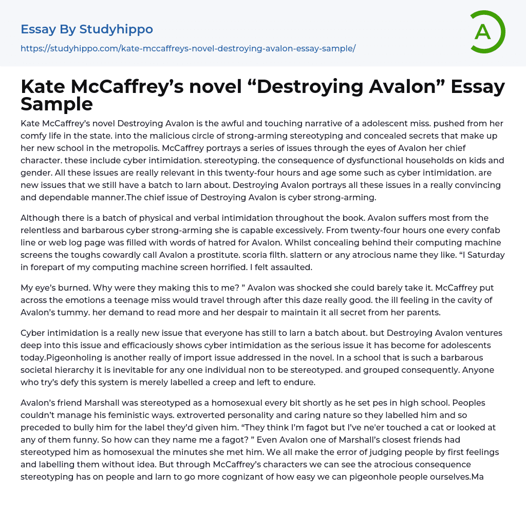Kate McCaffrey’s novel “Destroying Avalon” Essay Sample