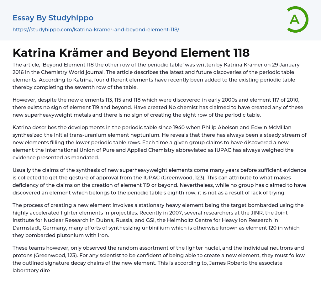 Katrina Krämer and Beyond Element 118 Essay Example