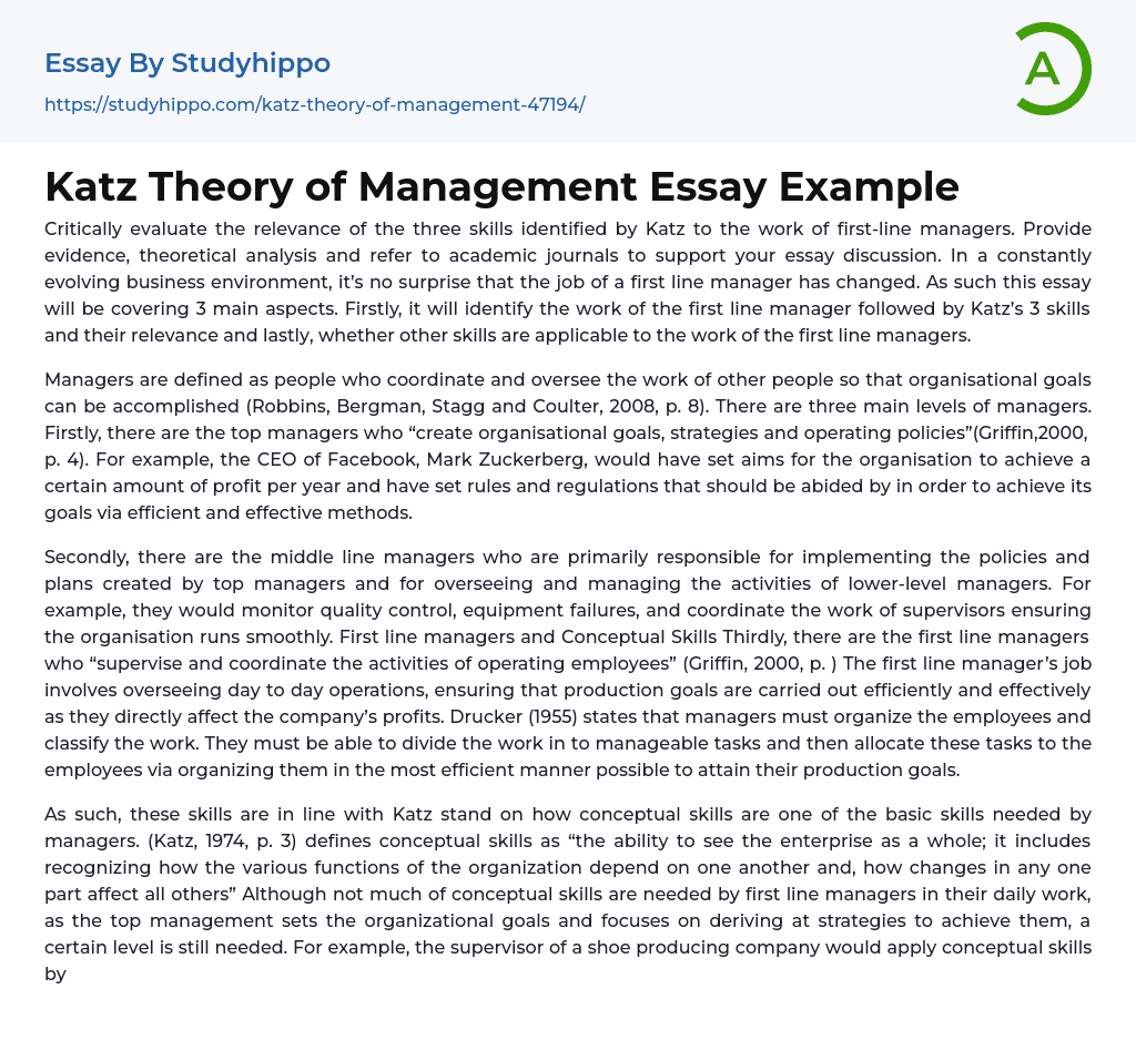 Katz Theory of Management Essay Example