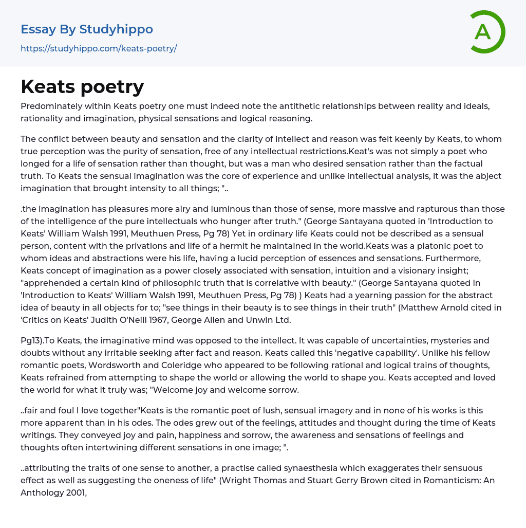 Keats poetry Essay Example