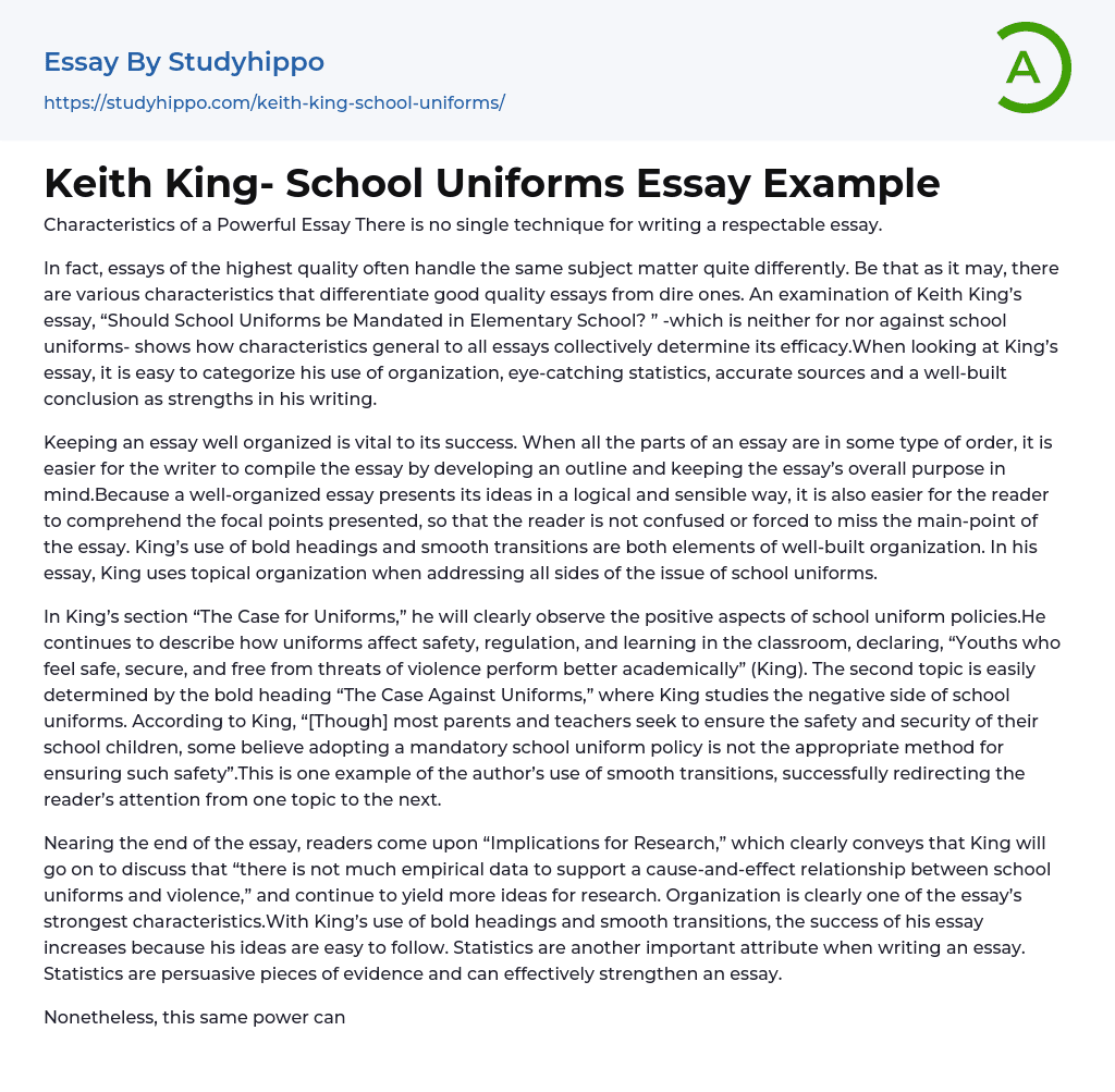 Keith King- School Uniforms Essay Example