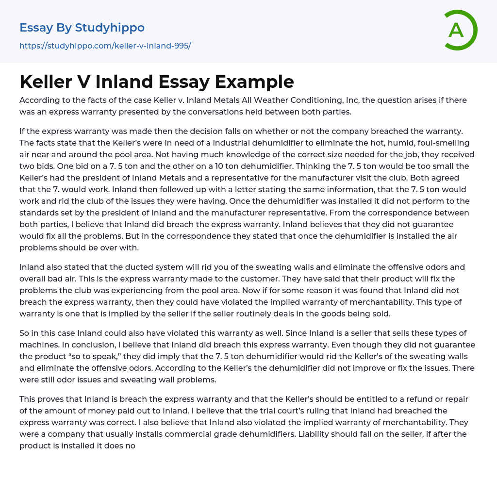 Keller V Inland Essay Example