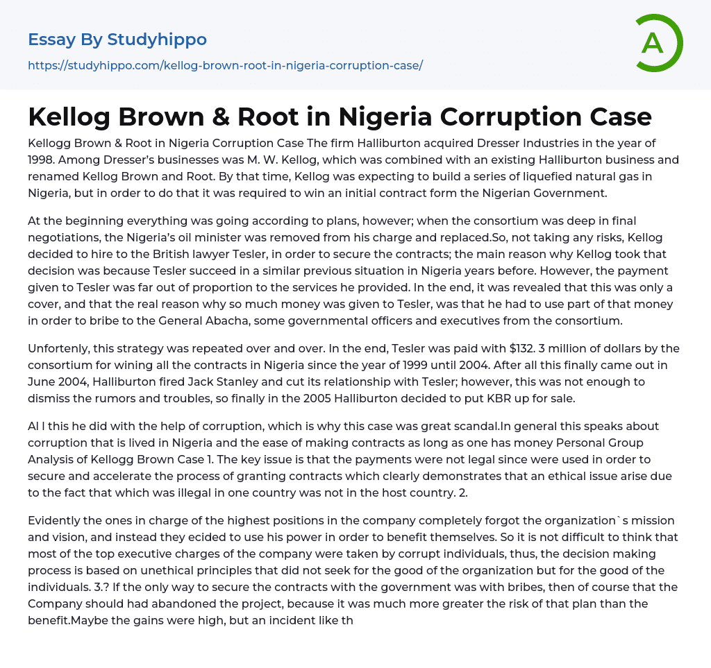 Kellog Brown & Root in Nigeria Corruption Case Essay Example