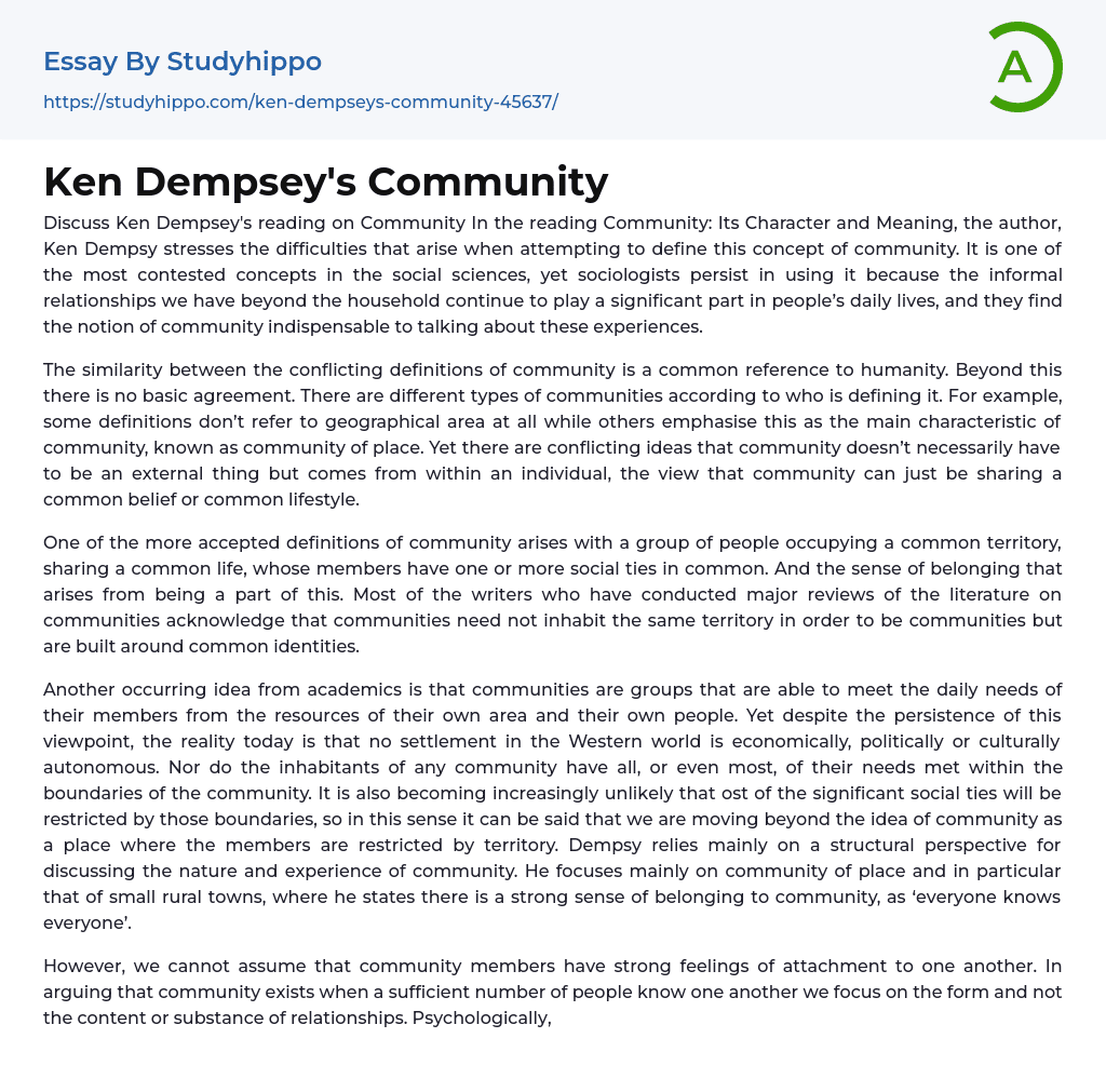 Ken Dempsey’s Community Essay Example