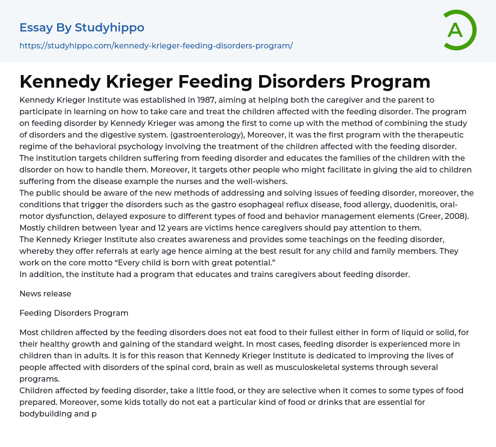 Kennedy Krieger Feeding Disorders Program Essay Example