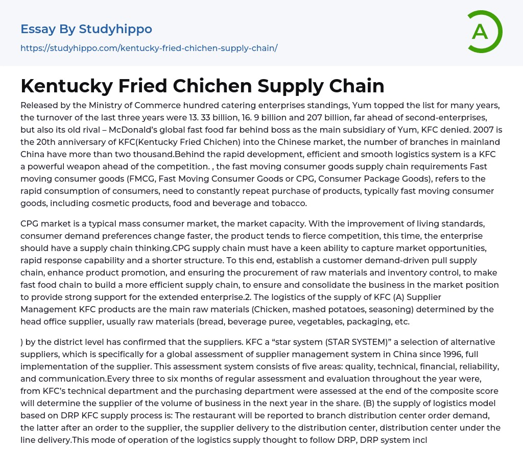 Kentucky Fried Chichen Supply Chain Essay Example