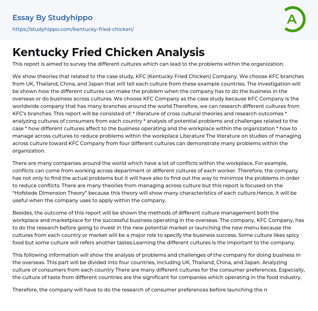 Kentucky Fried Chicken Analysis Essay Example