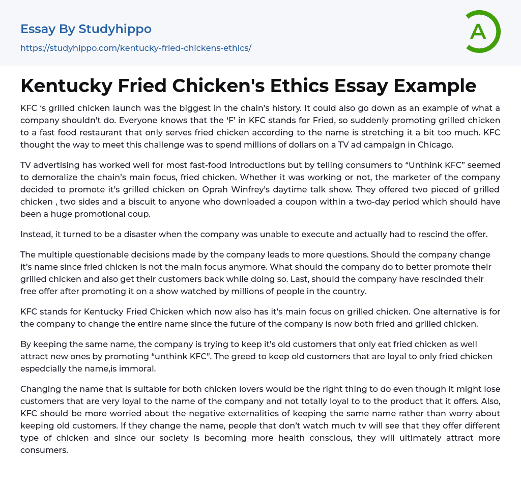 Kentucky Fried Chicken’s Ethics Essay Example