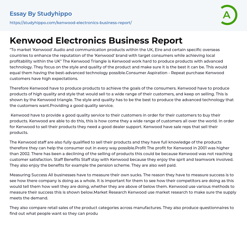 Kenwood Electronics Business Report Essay Example