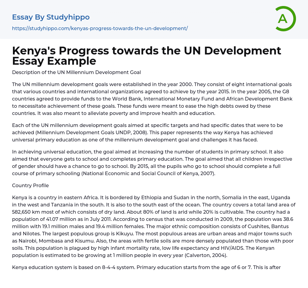 Kenya’s Progress towards the UN Development Essay Example