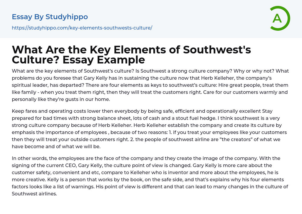 What Are the Key Elements of Southwest’s Culture? Essay Example
