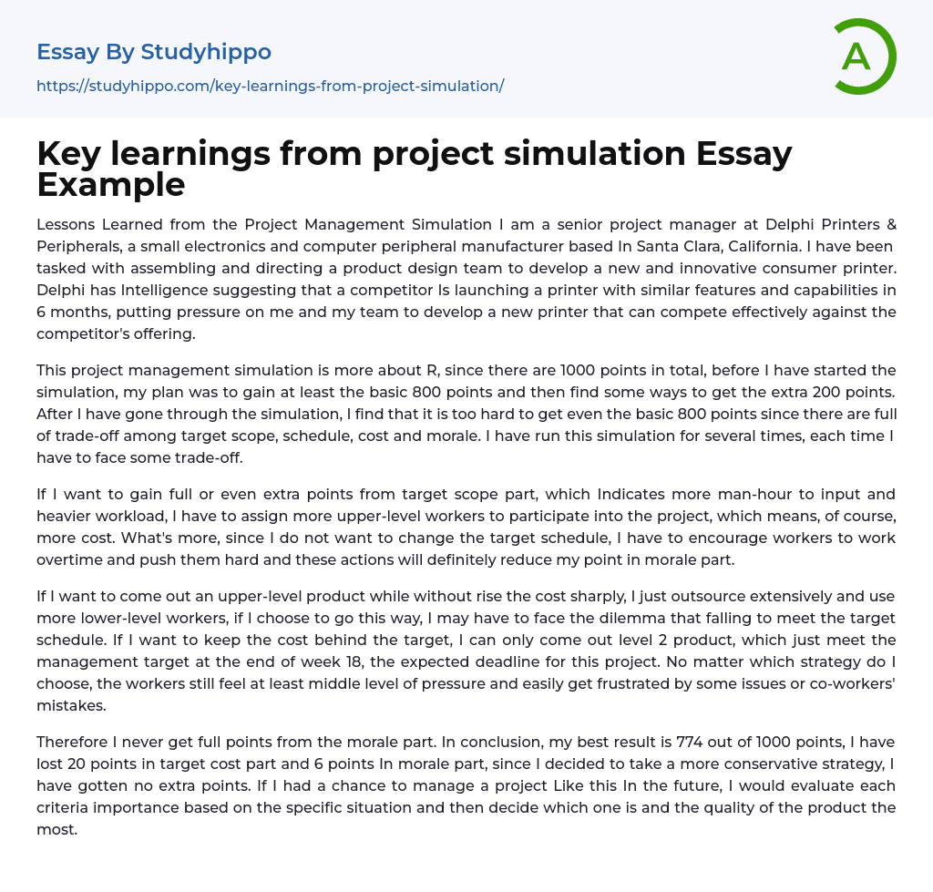 Key learnings from project simulation Essay Example