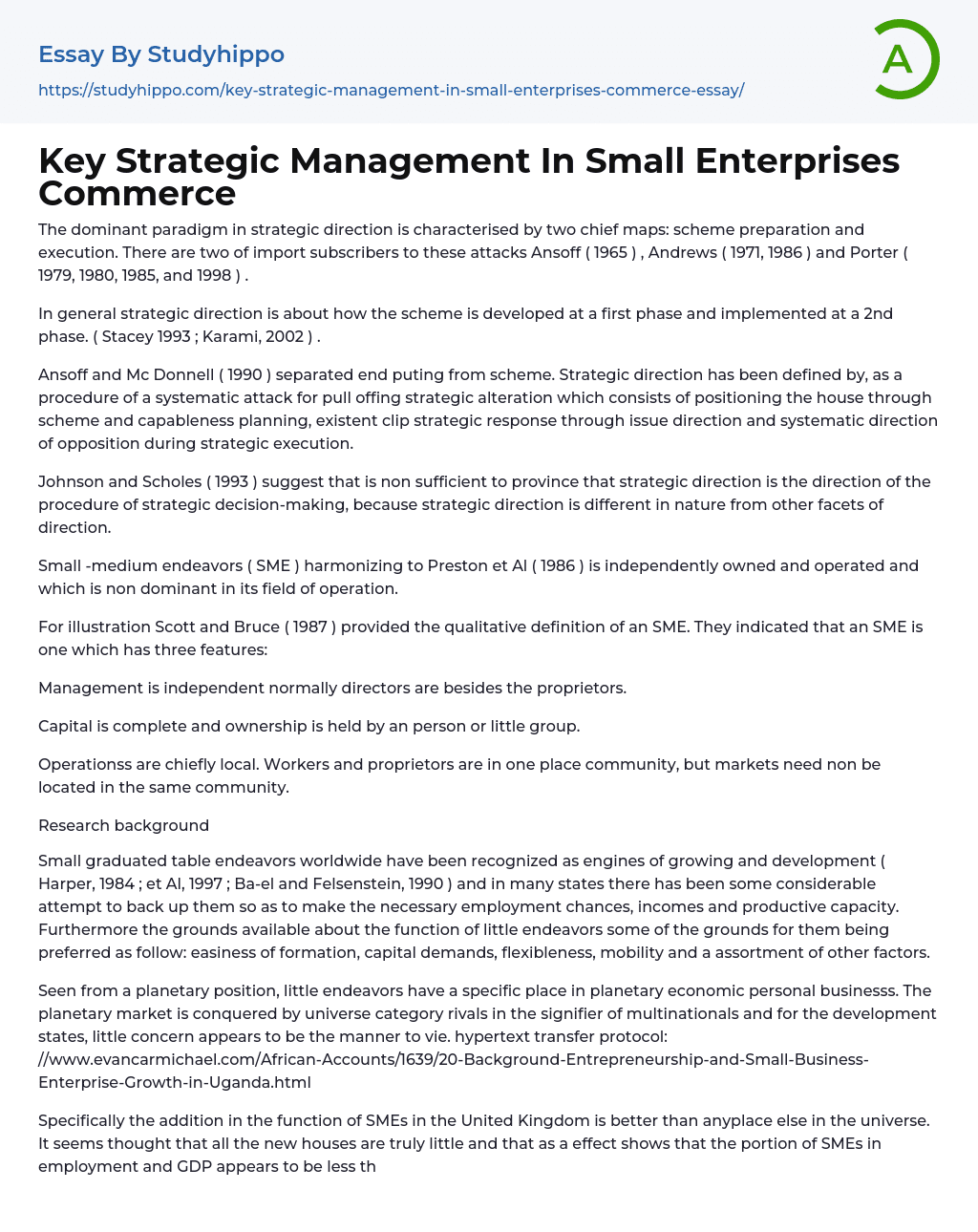 Key Strategic Management In Small Enterprises Commerce Essay Example