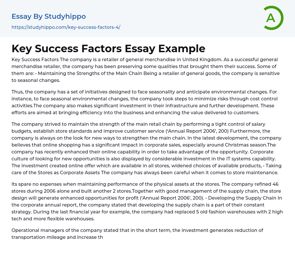 Key Success Factors Essay Example