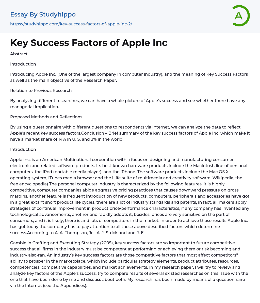 Key Success Factors of Apple Inc Essay Example